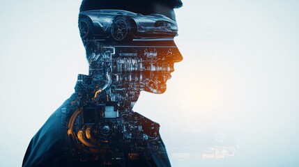 Double Exposure of an Automotive Engineer Gazing at the Horizon Blended with High-Performance Engine Cross-Section