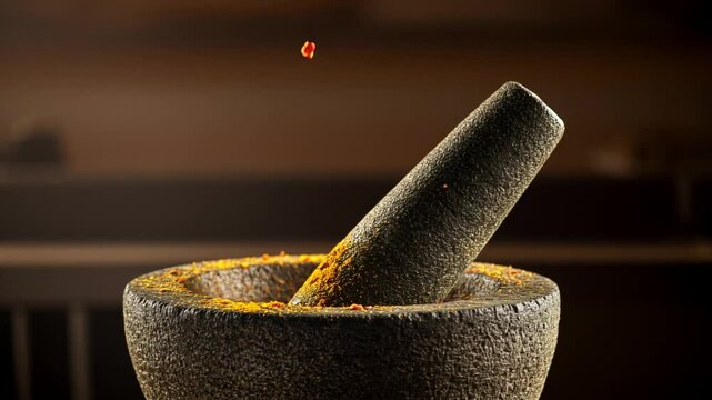mortar and pestle with grind spices and herb