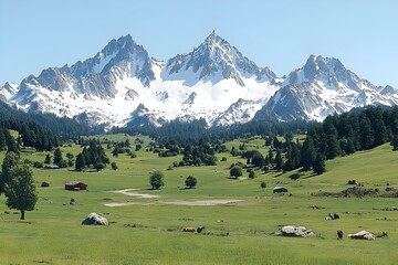 Obraz premium Majestic SnowCapped Mountains, Verdant Valley, Pastoral Scene