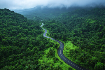 Aerial View of Winding Road Through Lush Green Mountain Landscape