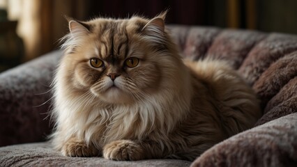 Fototapeta premium A calm Persian cat, lounging on a luxurious velvet chair, its thick fur shimmering in the soft light.