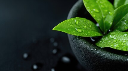 Fresh green leaves with water droplets in dark bowl