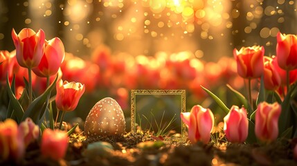 Vibrant Easter celebration wish card golden sunlight shining over field of tulip beautifully decorated egg centerpiece elegant script central rectangular blank section golden border available adding