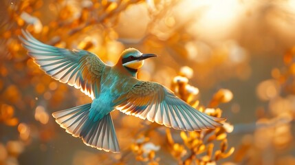Fototapeta premium Rainbow bee eater mid flight iridescent green blue yellow feathers glowing in sunlight crisp sharp motion blurred warm background