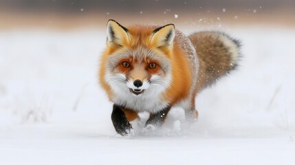 Obraz premium Red Fox Running Through Snowy Landscape in Winter Environment Displaying Natural Behavior
