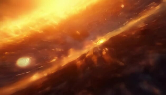 Galactic core pulsating, emitting luminous orange energy particles against cosmic backdrop, revealing intricate evolutionary formation dynamics in deep space