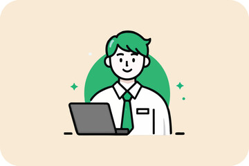 A cartoon businessman in a suit works on a laptop, symbolizing success in the modern office