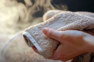 A freshly steamed towel is gently held in hand, radiating warmth and comfort.