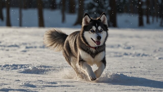 A fluffy Alaskan Klee Kai, running across a snow-covered field, its fur blending with the white snow.