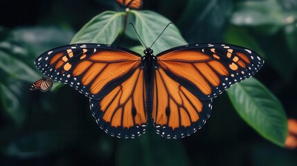 Fototapeta premium Vibrant Monarch Butterfly Resting on Lush Green Leaves in Natural Garden Setting