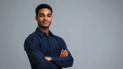 Confident businessman in blue shirt, arms crossed, exuding professionalism and authority