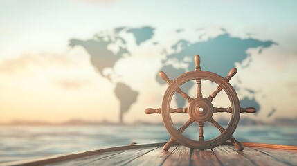 Global Voyage: Ship's Wheel at Sunrise.