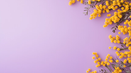Mimosa Blooms on Purple: A delicate arrangement of vibrant yellow mimosa flowers graces the upper right corner, gently cascading down against a soft purple backdrop, with space for text.