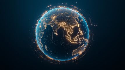 Obraz premium Illuminated Earth: A captivating illustration showcases planet earth, highlighted by glowing cities, symbolizing the global impact of technology and connectivity, set against the backdrop of space.