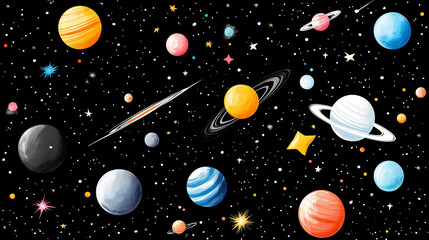 Celestial Canvas: A vibrant depiction of the cosmos, filled with planets of varying colors and sizes against a star-studded backdrop, inviting exploration of the universe's wonders.