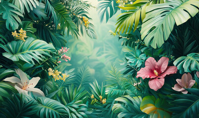A vibrant scene of lush green foliage with pink and white tropical flowers, surrounded by large green leaves with intricate patterns and textures, creating a stunning and natural backdrop.