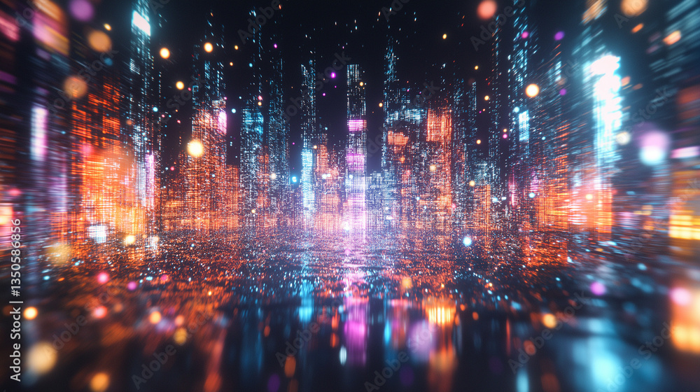 Aufkleber digital cityscape: a futuristic city panorama glows with neon lights, shimmering reflections and a v