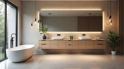 A contemporary bathroom with a minimalist aesthetic, showcasing a sculptural freestanding bathtub on a polished concrete floor.