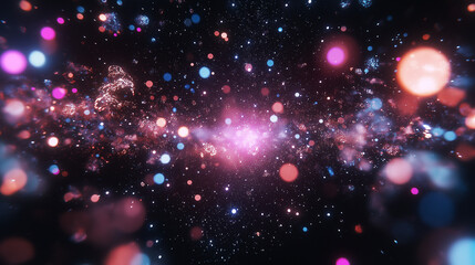 Fototapeta premium Celestial Symphony: A captivating celestial scene, with a central galaxy emitting vibrant lights and nebulas, against a dark backdrop, and creates a sense of wonder and awe. 