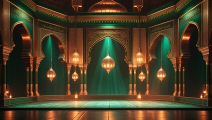 Luxurious islamic golden background. Elegant mosque background. Green islamic golden ceremony award stage venue background. 