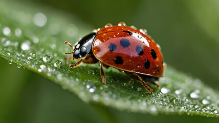 Obraz premium 雨粒の輝きと小さな訪問者