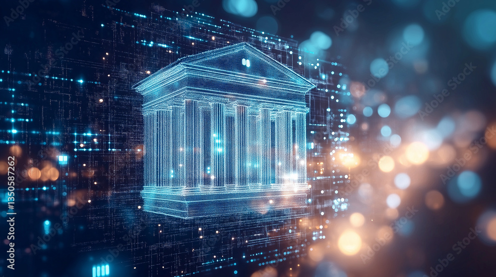 Poster digital bank: futuristic visualization of a classical building representing a digital bank, seamless