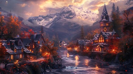 Serene winter village at sunset with snow-capped mountains in the background and warm lights glowing