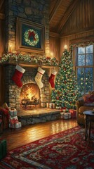 Obraz premium Cozy christmas ambiance in a rustic cabin with a crackling fireplace scene