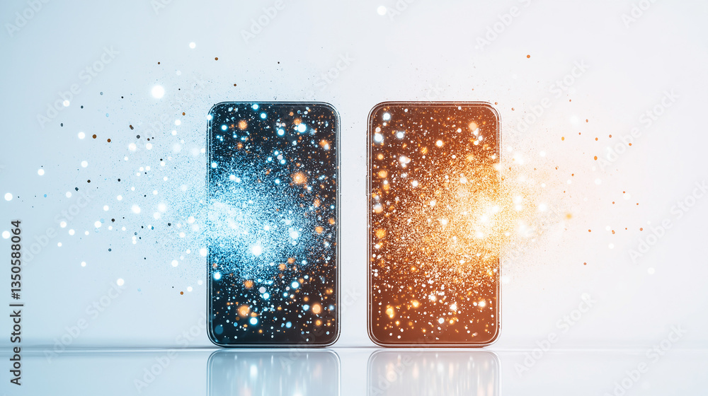 Aufkleber digital connection: two sleek smartphones, glowing with vibrant light particles, symbolize the excha
