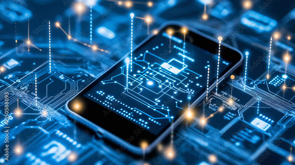 Poster smart technology in a digital world: a sleek smartphone, resting atop a complex circuit board, glows