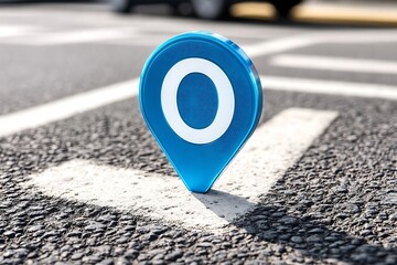 A blue location marker with a white O resting on pavement