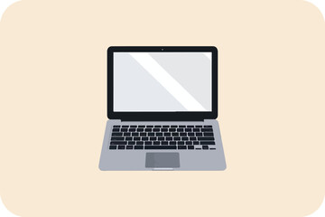 Vector illustration of a silver laptop computer with a blank screen, showing technology, office, and business elements in a modern, clean design