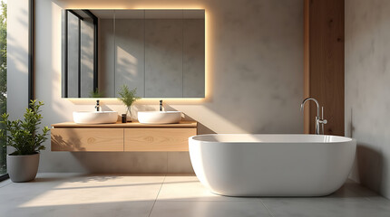 Fototapeta premium A contemporary bathroom with a minimalist aesthetic, showcasing a sculptural freestanding bathtub on a polished concrete floor.