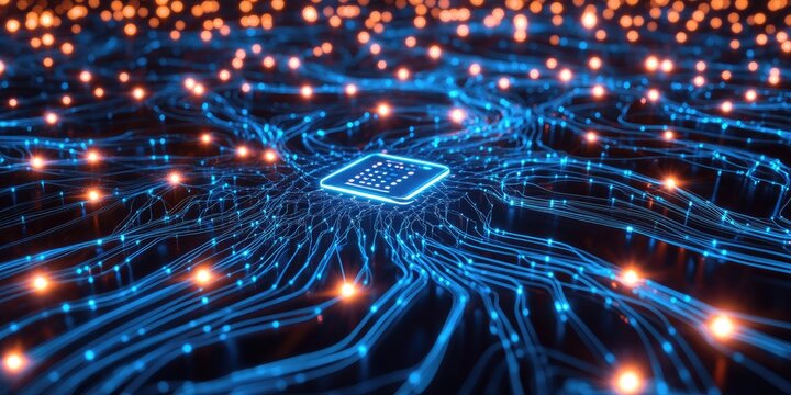 A futuristic AI neural network visualized through interconnected glowing nodes, with an AI processor at the center powering advanced computations. 