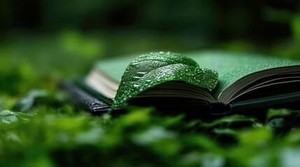 Open book resting on lush greenery with a dew-kissed leaf