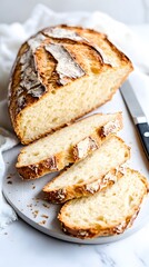 Artisan Crusty Loaf Bread Slices on Wooden Board