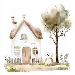 Charming Watercolor Cottage with Fluffy Creature and Tree