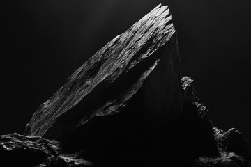 A dramatic black and white image of a towering, jagged rock formation against a dark background.