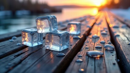 Melting ice cubes on wooden bench in snowy forest at winter sunset	