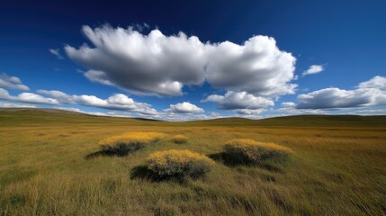 Sunny, wide-open grassland expanse under a dramatic sky.  Clusters of low yellow flowers dot the landscape