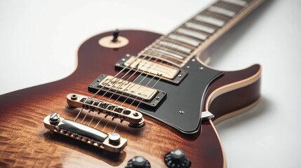 Close-up of an elegant electric guitar showcasing its intricate design and polished finish against a neutral background