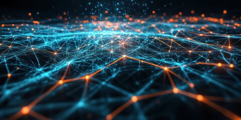 A network of electric blue and orange nodes, connected by fine lines, floating across an abstract dark backdrop resembling space