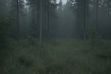 Obraz premium Misty forest scene. Lush, dense woods shrouded in a thick fog. Tall trees and low-lying greenery form a mysterious atmosphere