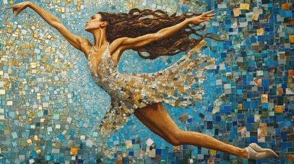 A mosaic of a woman dancer reaching out elegantly in motion
