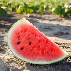 Juicy Watermelon Slice on Sandy Ground Summer