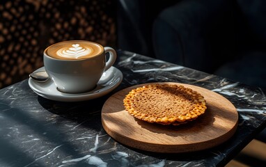 Latte Art Coffee with Crispy Waffle Cookie on Wooden Board