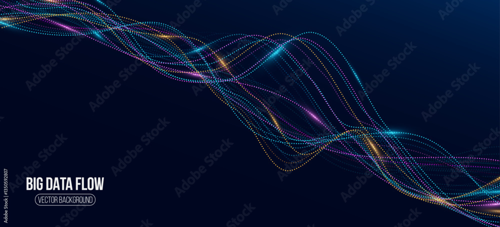 Poster big data flow background. glowing dotted lines with light effect. neural network backdrop. vector il