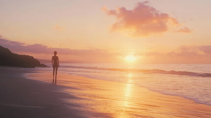 A person's silhouette stands on a beach at sunset, with gentle waves lapping at the shore.