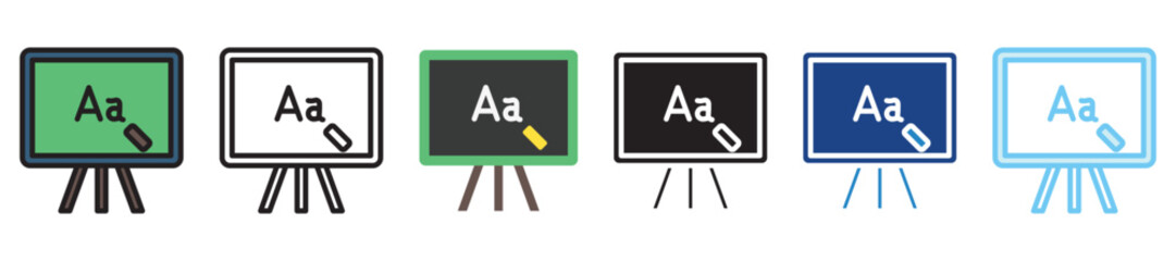 Chalkboard multi style, mini illustration icon set. outline, flat, glyph, line color, UI, UX, app and web, digital or print. vector EPS 10 related to education, kindergarten, kids and baby.