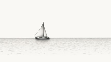"Waves and Boat": A minimalist drawing of a small boat floating on calm waves, the boat's outline simple and fluid. 